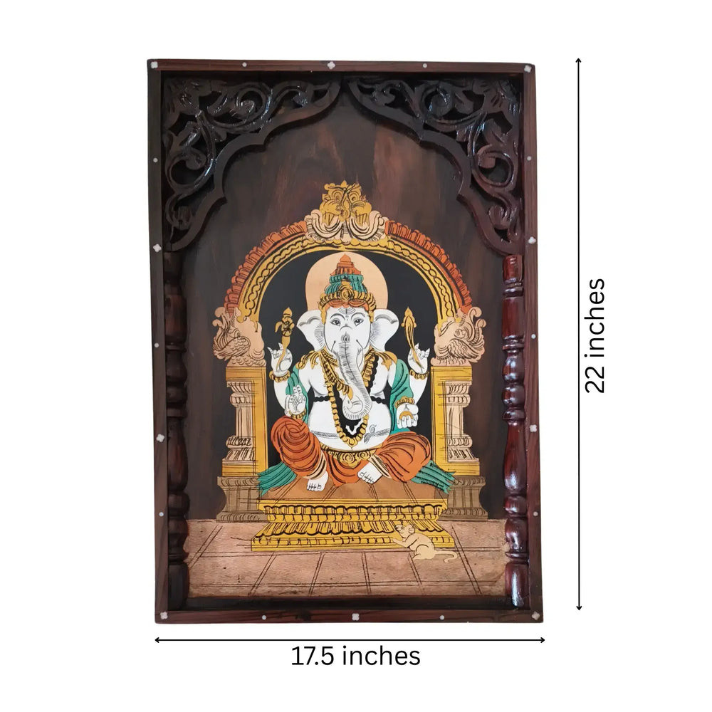 Handcrafted Rosewood Inlay Art – Lord Ganesha in Temple Frame Paintings