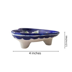 Hand-Painted Blue Pottery Heart-Shaped Soap Dish | Floral Design Pottery