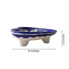 Hand-Painted Blue Pottery Heart-Shaped Soap Dish | Floral Design