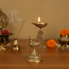 Brass Peacock Diya Lamp (Mayur Deep) - Traditional Indian Oil Lamp