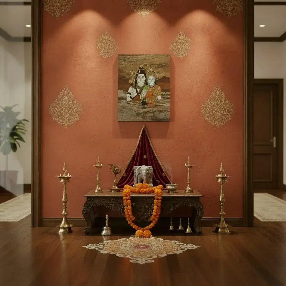 Wooden Inlay Shiva Parvati Frame – South Indian Handmade Spiritual Art Arun