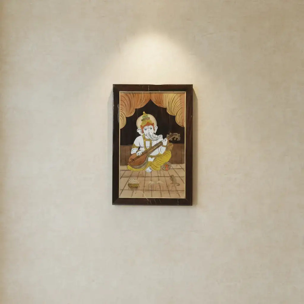 Ganesh in Temple Scene – Wooden Inlay Spiritual Artwork for Home & Office Arun
