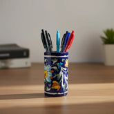 Artisanal Blue Pottery Pen Holder | Floral Desk Organizer Pottery