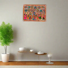 Krishna's Divine Flute Amidst the Gopis and Kalpavriksha Leather Paintings