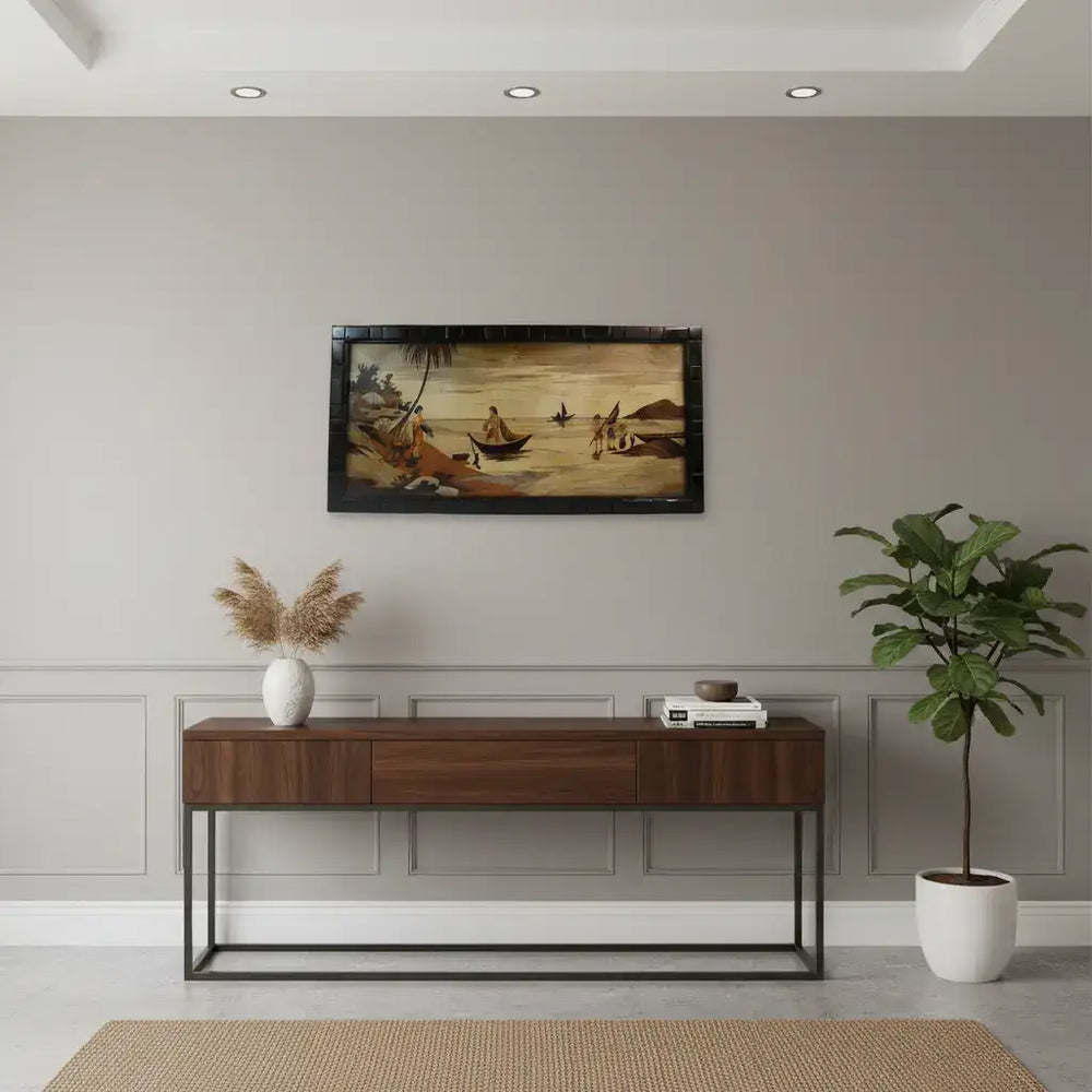 Traditional Mysore Inlay Art – Riverside Nature Scene in Rosewood Frame Inlay Art