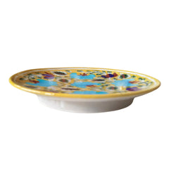 Hand-Painted Blue Floral Decorative Wall Plate on Yellow Pottery