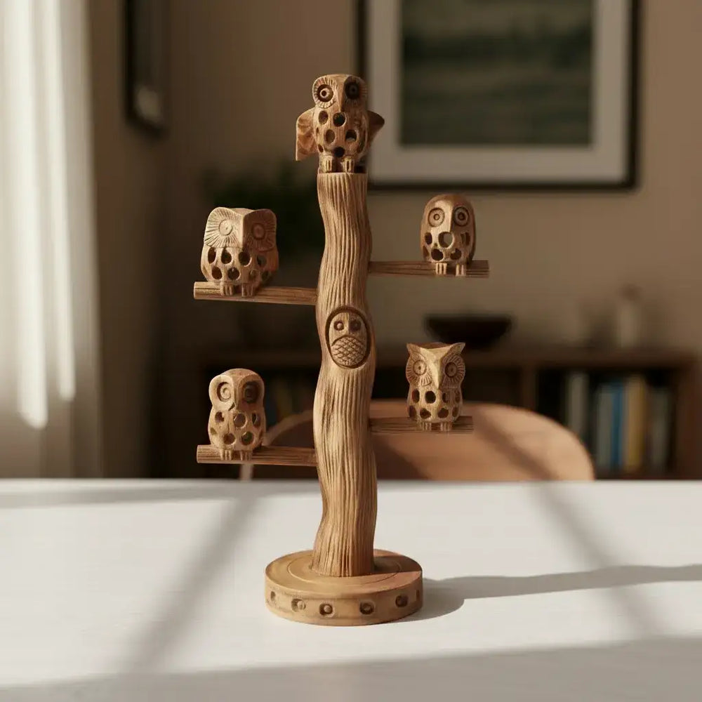 Carved Wooden Owl on Tree | Handmade Natural Home Decor maruthi handicrafts