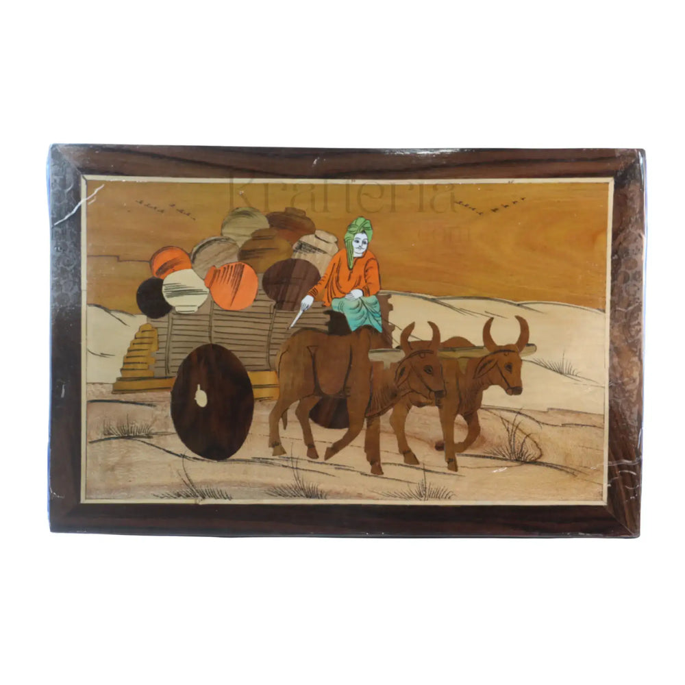 Cultural Bullock Cart Scene in Wood Inlay – Unique Handcrafted Frame Arun