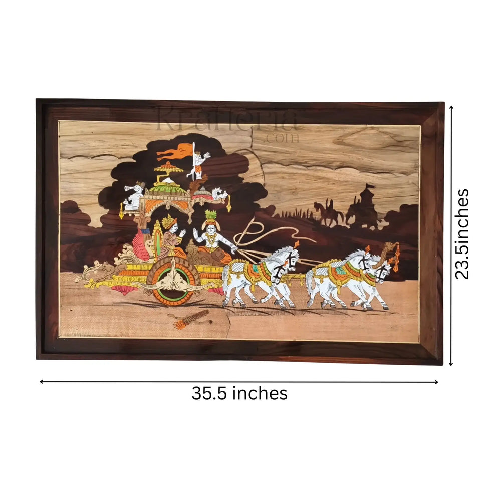 Spiritual Inlay Panel – Bhagavad Gita Depiction in Wood Inlay Art