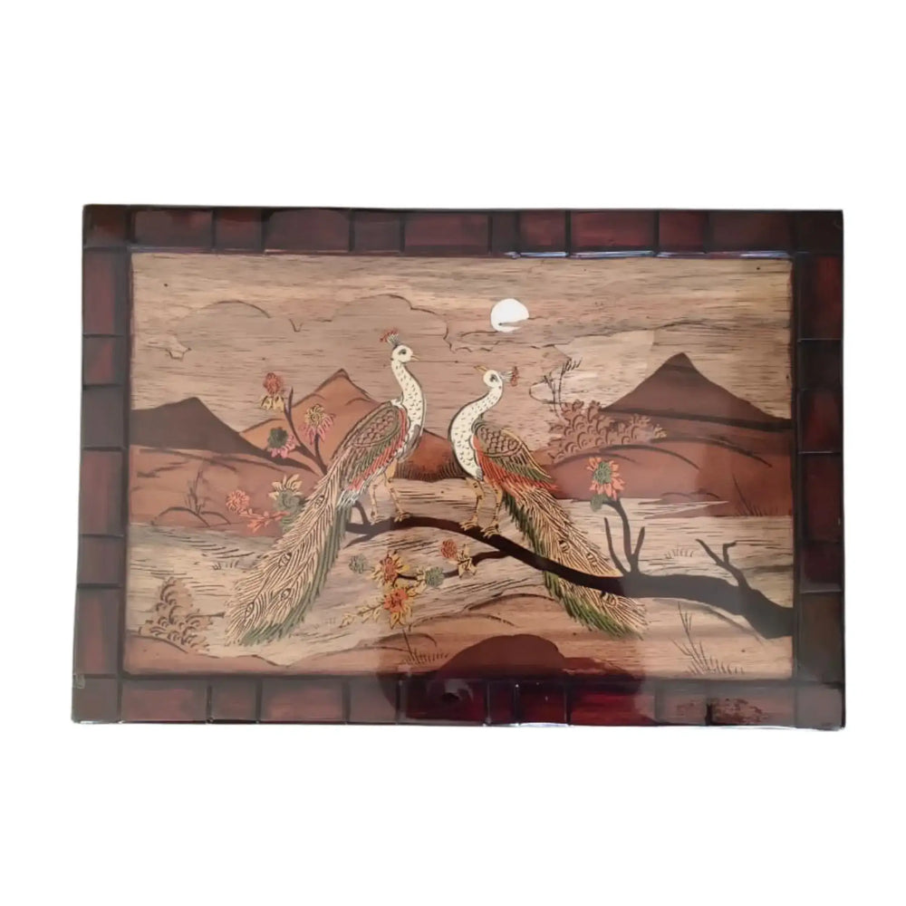 Couple Peacock Wood Inlay – Traditional Mysore Rosewood Artwork Arun