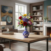 A classic blue pottery vase with a bulbous body and narrow neck, featuring intricate hand-painted white floral and vine patterns on a deep blue background, isolated on a white background.