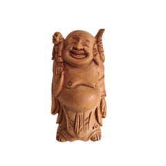 Hand-Carved Wooden Laughing Buddha with Child and Fish