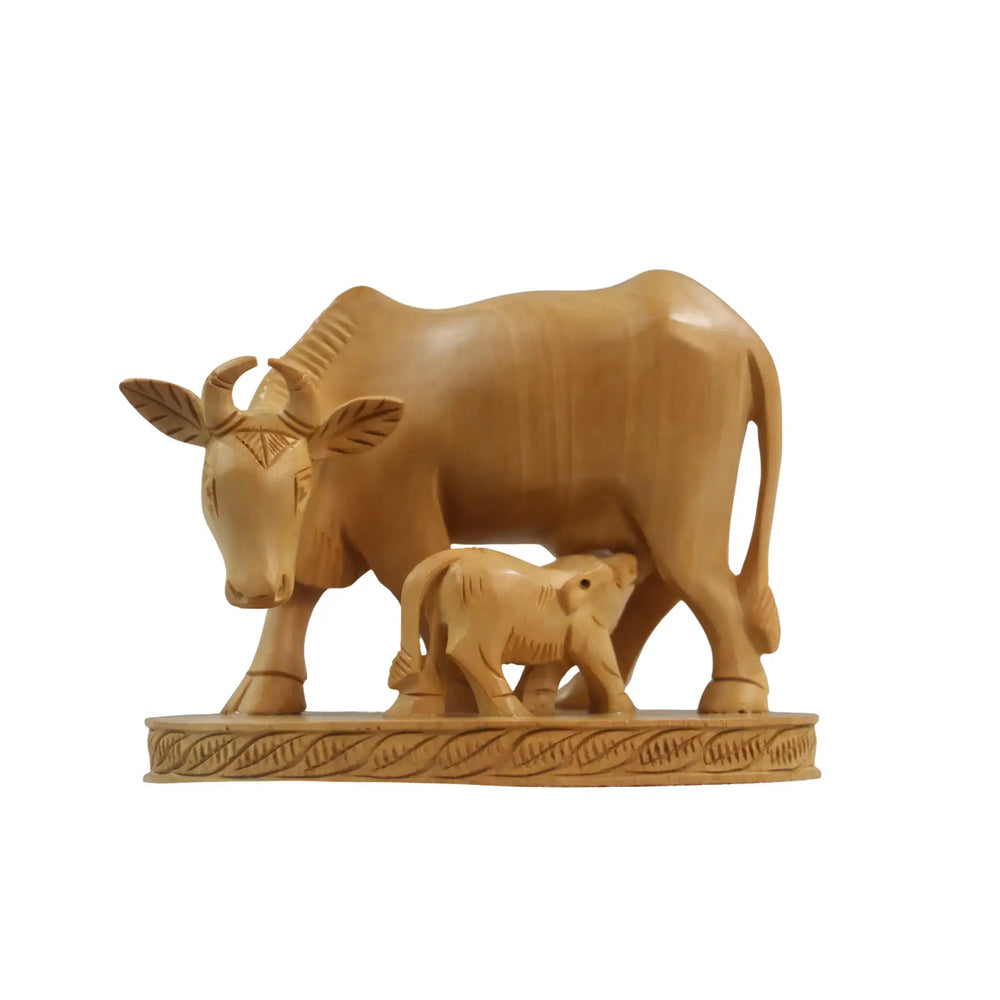 Hand-Carved Wooden Cow with Calf Wooden Decorative