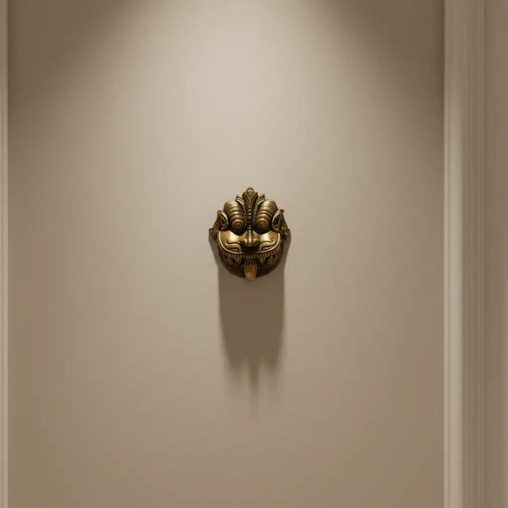Fierce Brass Kirtimukha Wall Mask - Guardian Protector Face Brass Ware