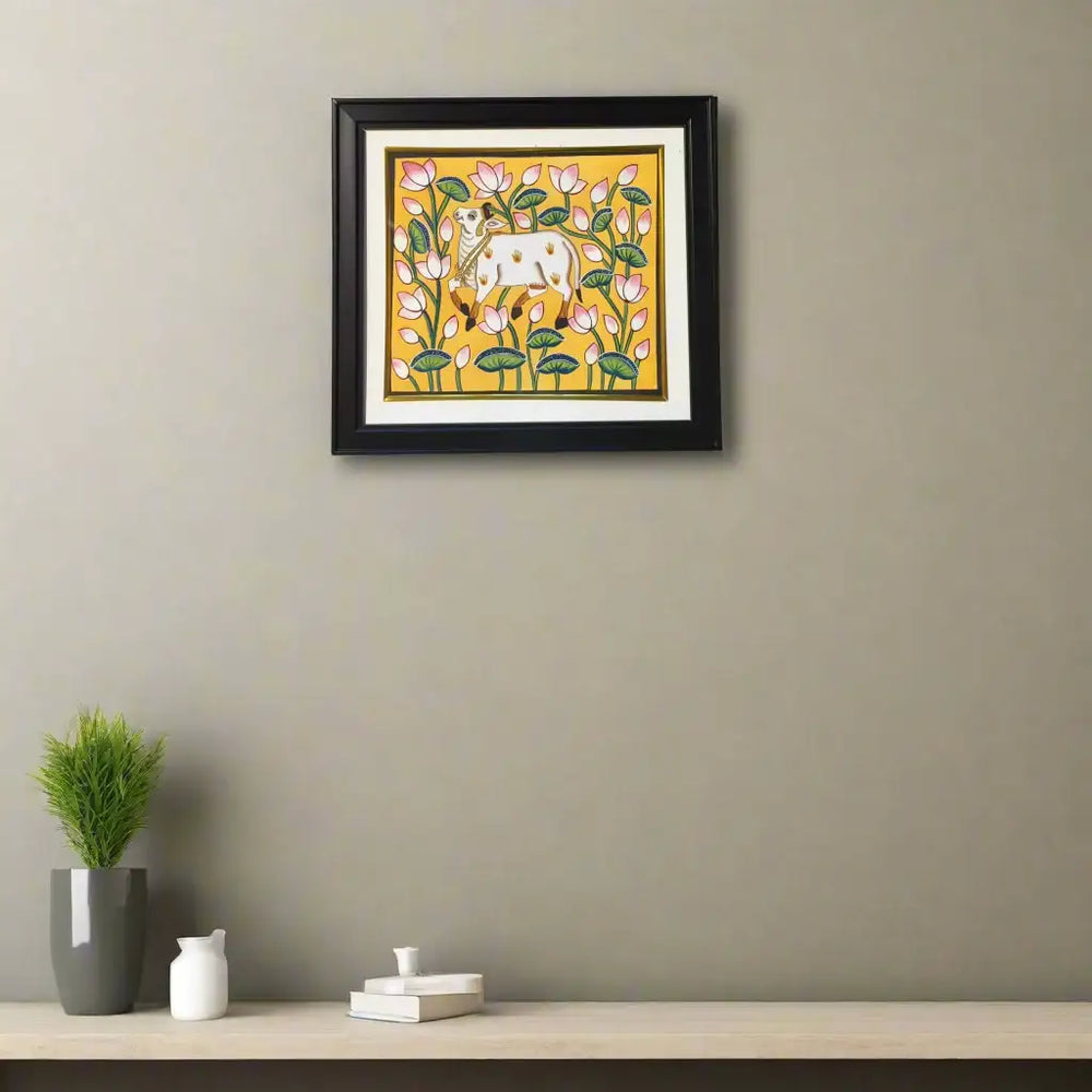 Sacred Cow in a Lotus Garden Pichwai Art Paintings