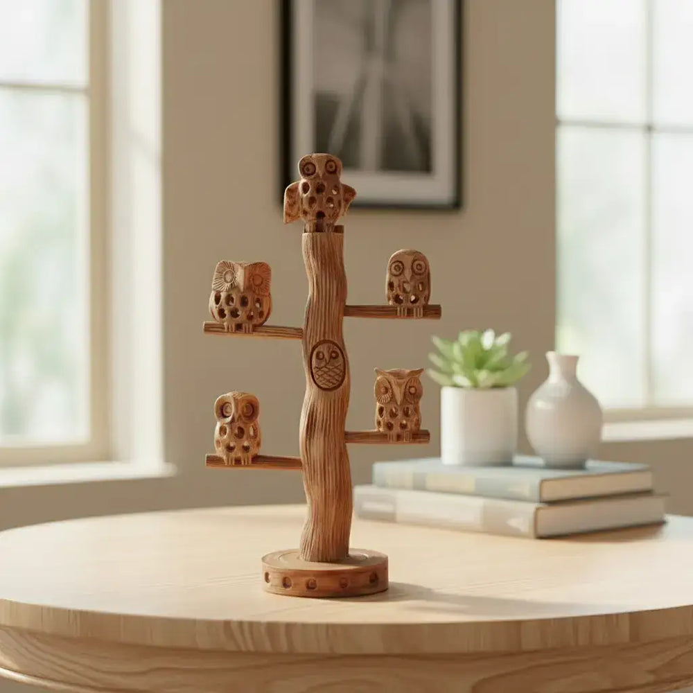 Carved Wooden Owl on Tree | Handmade Natural Home Decor maruthi handicrafts