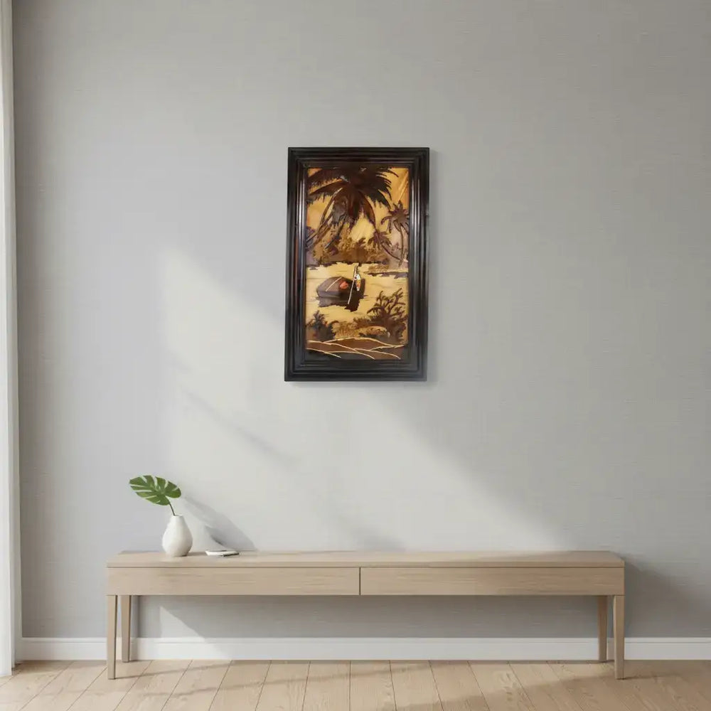 Mysore Rosewood Inlay Panel – Rural River Scene with Boatman and Village Inlay Art