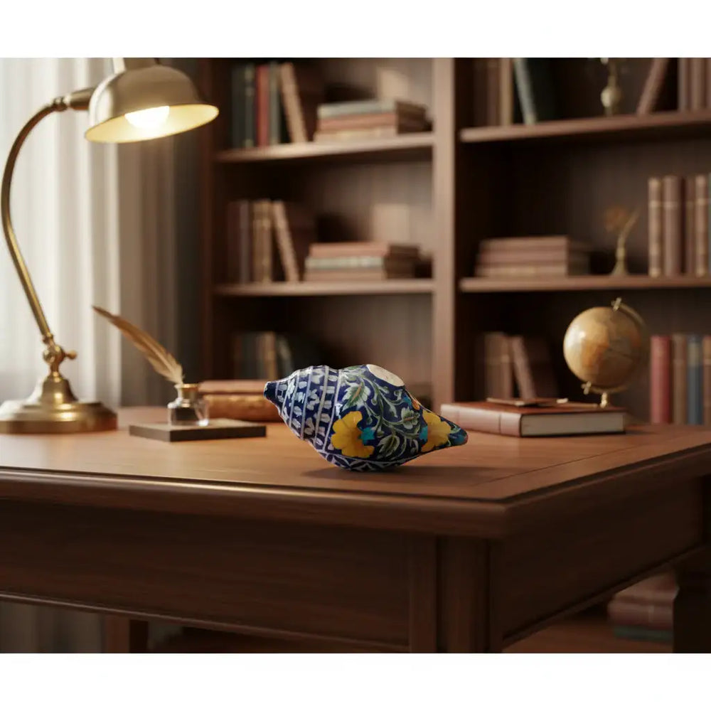 Hand-Painted Blue Pottery Shank Decor | Traditional Conch Shell Art Pottery