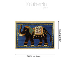 Decorative rug with an elephant design and dimensions on a white background