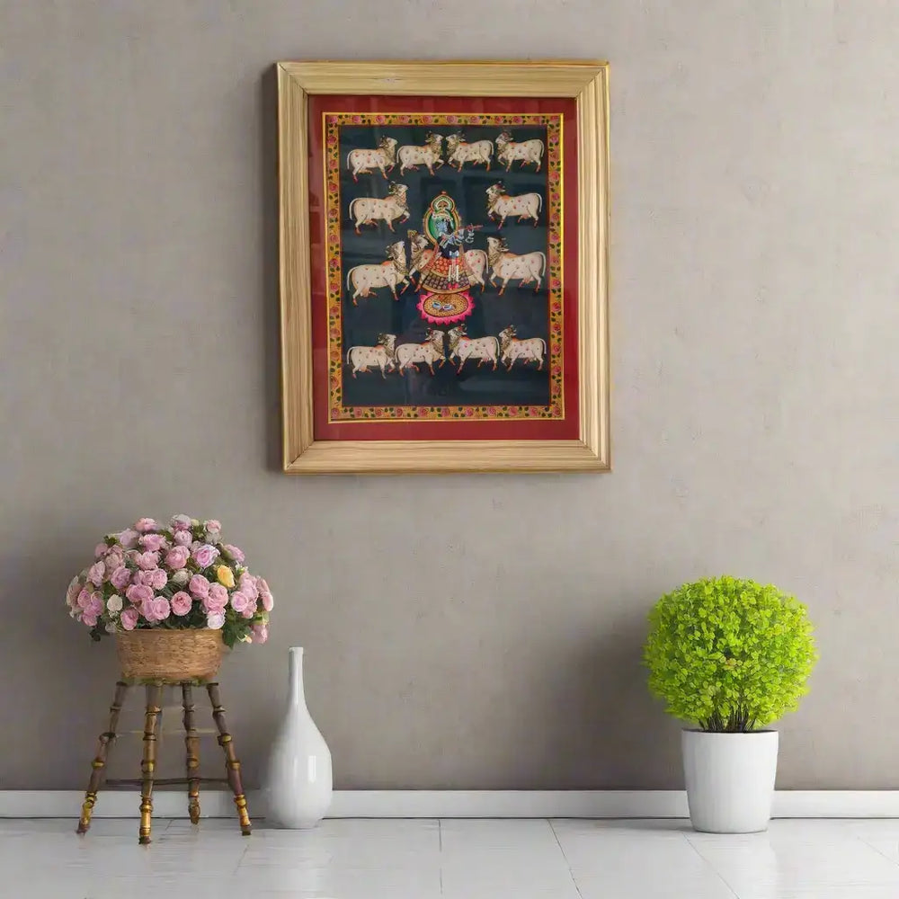 The Divine Flutist - Lord Krishna with Sacred Cows Painting Paintings