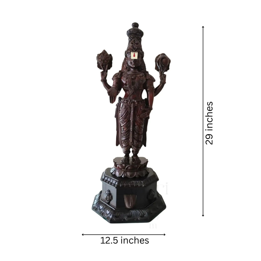 Statue of a deity with dimensions indicated on a white background