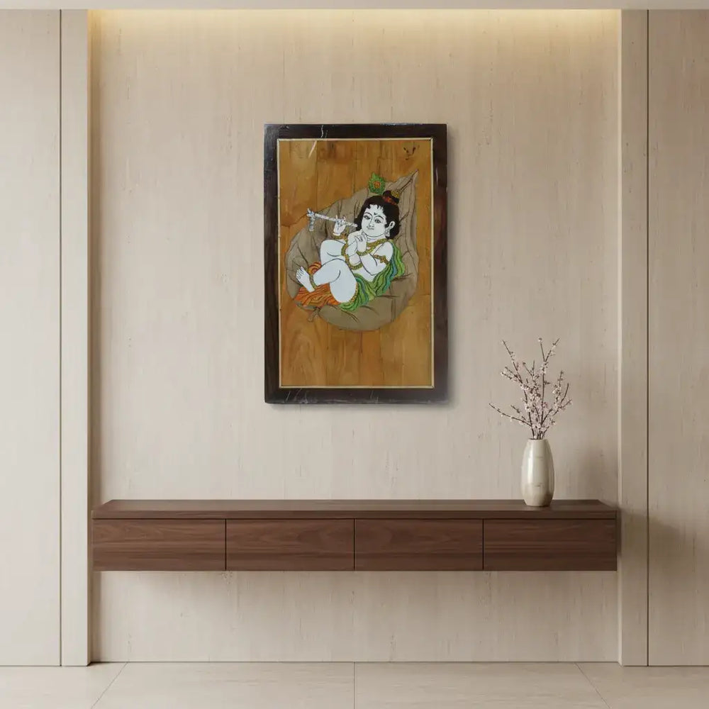 Charming Little Krishna in Rosewood Inlay – Handcrafted Religious Wall Décor Arun