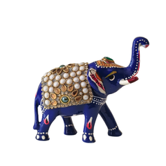 Hand-Painted Blue Elephant Figurine with Kundan and Meenakari Work