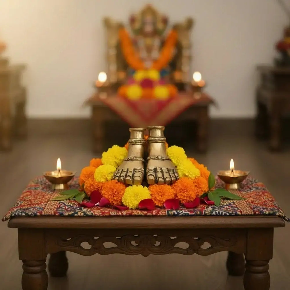 Brass Divine Feet (Paduka) Statues Pair | Auspicious Lakshmi/Vishnu Charan Padukalu for Pooja Brass Ware