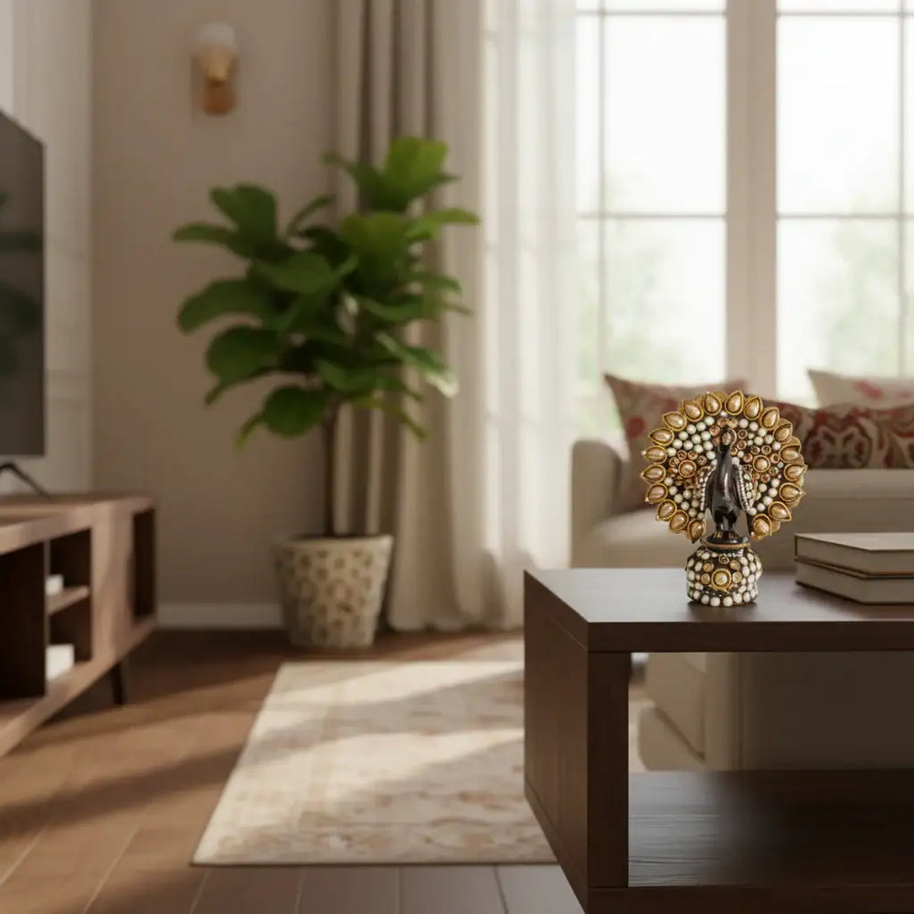 Traditional Indian Style Adorned Peacock Showpiece Idol Wooden Decorative