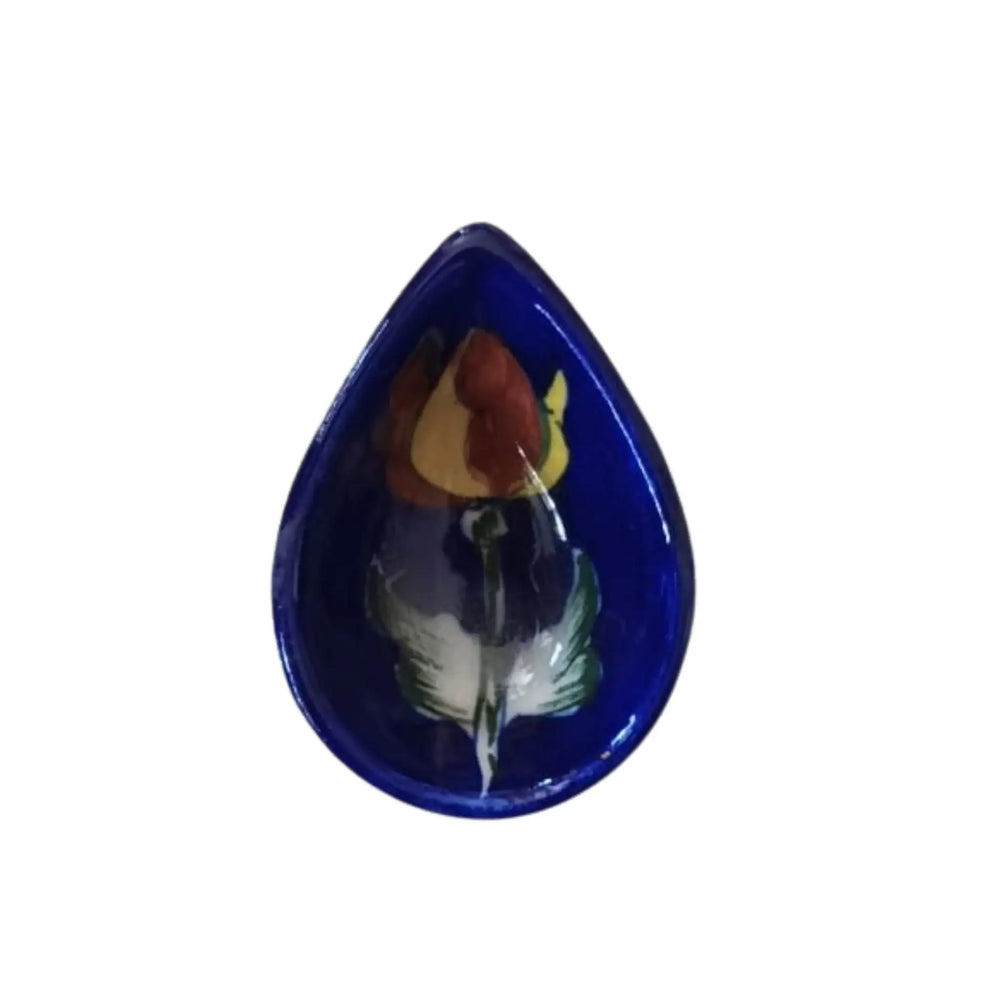 Leaf/Teardrop Shaped Blue Pottery Diya | Abstract Floral Oil Lamp Pottery