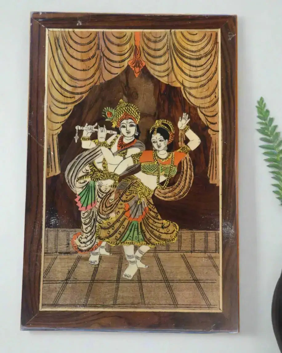 Premium Rosewood Inlay Artwork – Radha Krishna Divine Couple Wall Hanging Arun