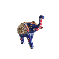 Hand-Painted Blue Elephant Figurine with Kundan and Meenakari Work