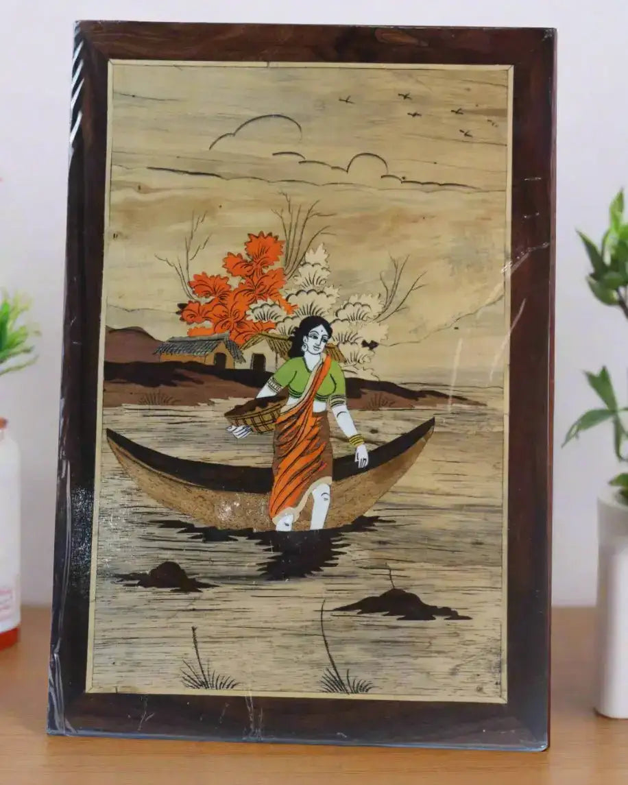 Wood Inlay Fisher Woman Frame – Handmade Rural Life Artwork Arun