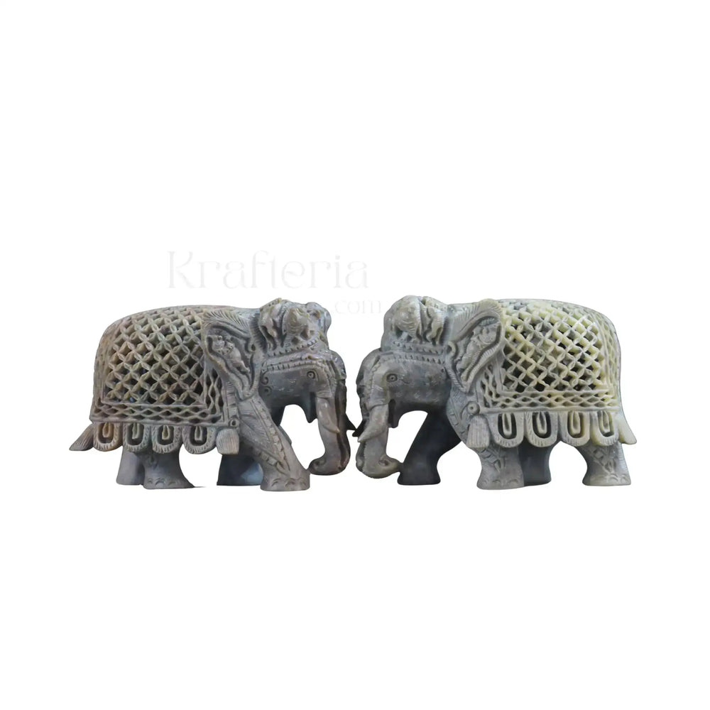 Pair of Elephants in Soft Stone – Intricate Jali Carving Handcrafted Artwork Bachcha Lal