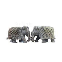 Pair of Elephants in Soft Stone – Intricate Jali Carving Handcrafted Artwork