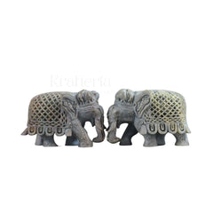 Pair of Elephants in Soft Stone – Intricate Jali Carving Handcrafted Artwork Bachcha Lal