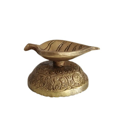 Elegant Brass Leaf-Shaped Diya with Carved Base Brass Ware