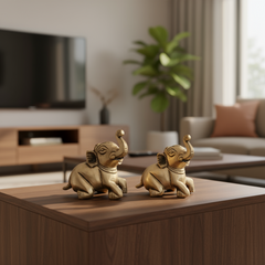 Pair of Handcrafted Brass Elephant Figurines | Trunk Up Lucky Elephant Decor