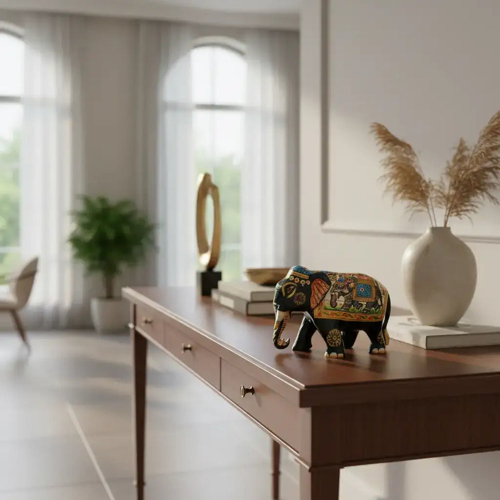 Black Painted Wooden Mughal Elephants – Elegant Decorative Figurines maruthi handicrafts