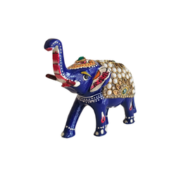 Hand-Painted Blue Elephant Figurine with Kundan and Meenakari Work