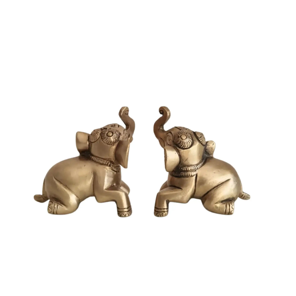 Pair of Handcrafted Brass Elephant Figurines Trunk Up Lucky Elephant Decor Brass Ware