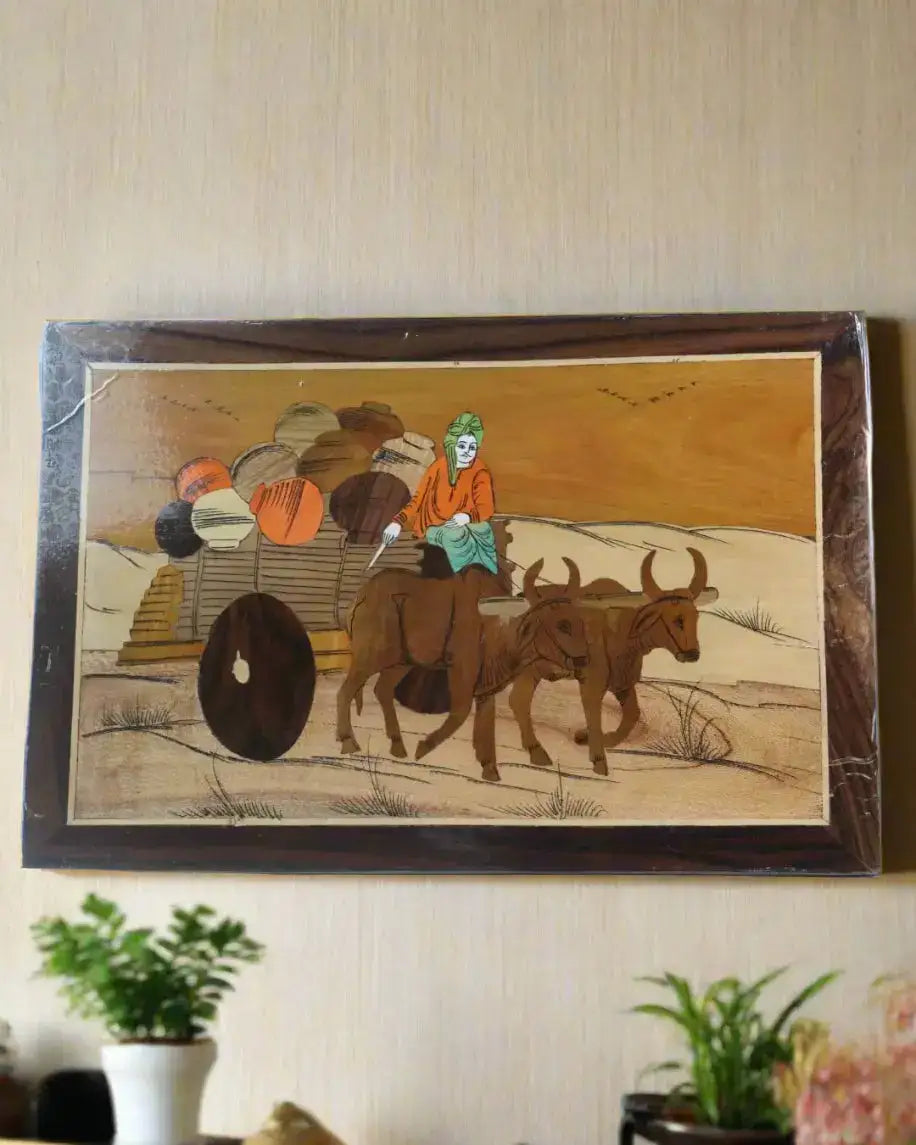 Cultural Bullock Cart Scene in Wood Inlay – Unique Handcrafted Frame Arun