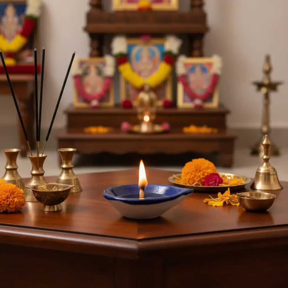 Leaf/Teardrop Shaped Blue Pottery Diya | Abstract Floral Oil Lamp Pottery