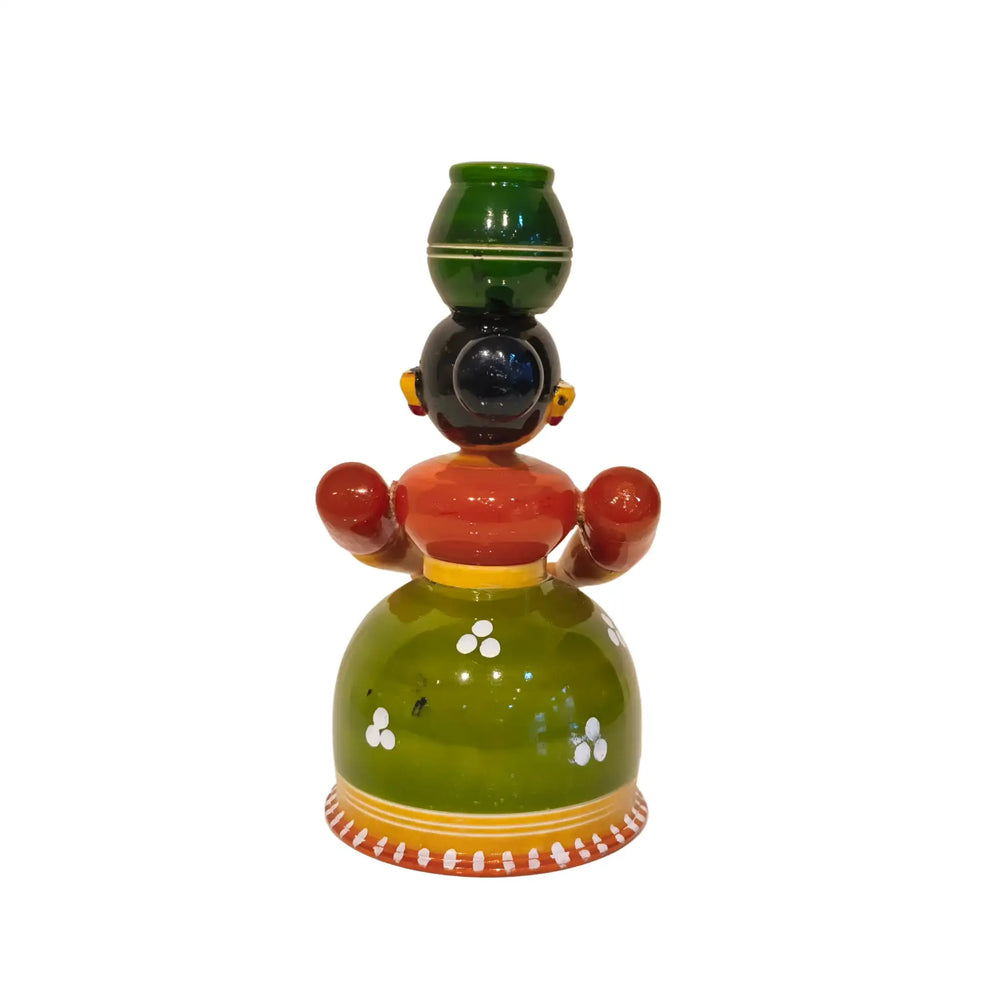 Graceful Water Carrier - Handcrafted Etikoppaka Wooden Village Woman with Pot Etikoppaka Lacquerware