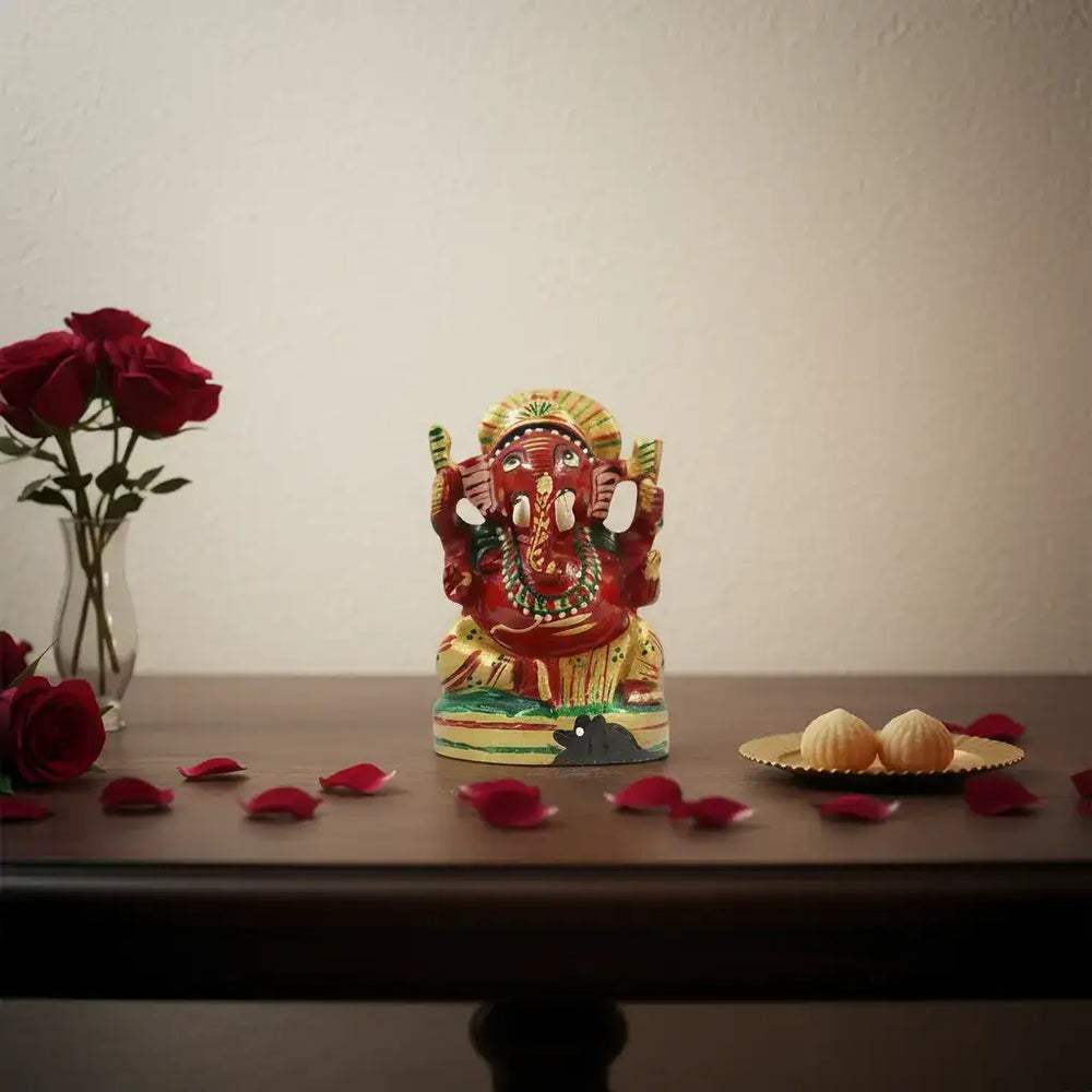 Wooden Ganesh Statue – Beautiful Hand-Painted Religious Art Wooden Idols