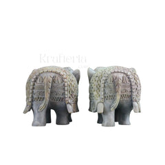 Pair of Elephants in Soft Stone – Intricate Jali Carving Handcrafted Artwork Bachcha Lal