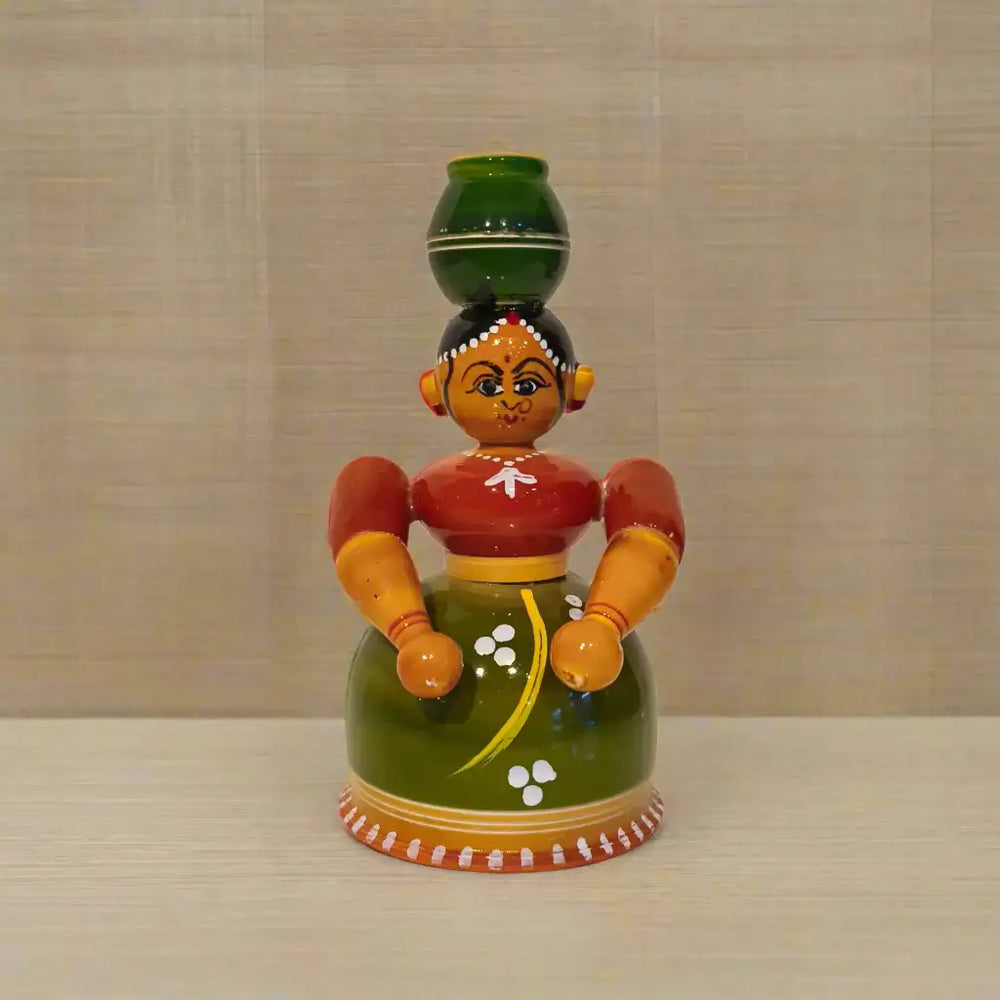 Graceful Water Carrier - Handcrafted Etikoppaka Wooden Village Woman with Pot Etikoppaka Lacquerware