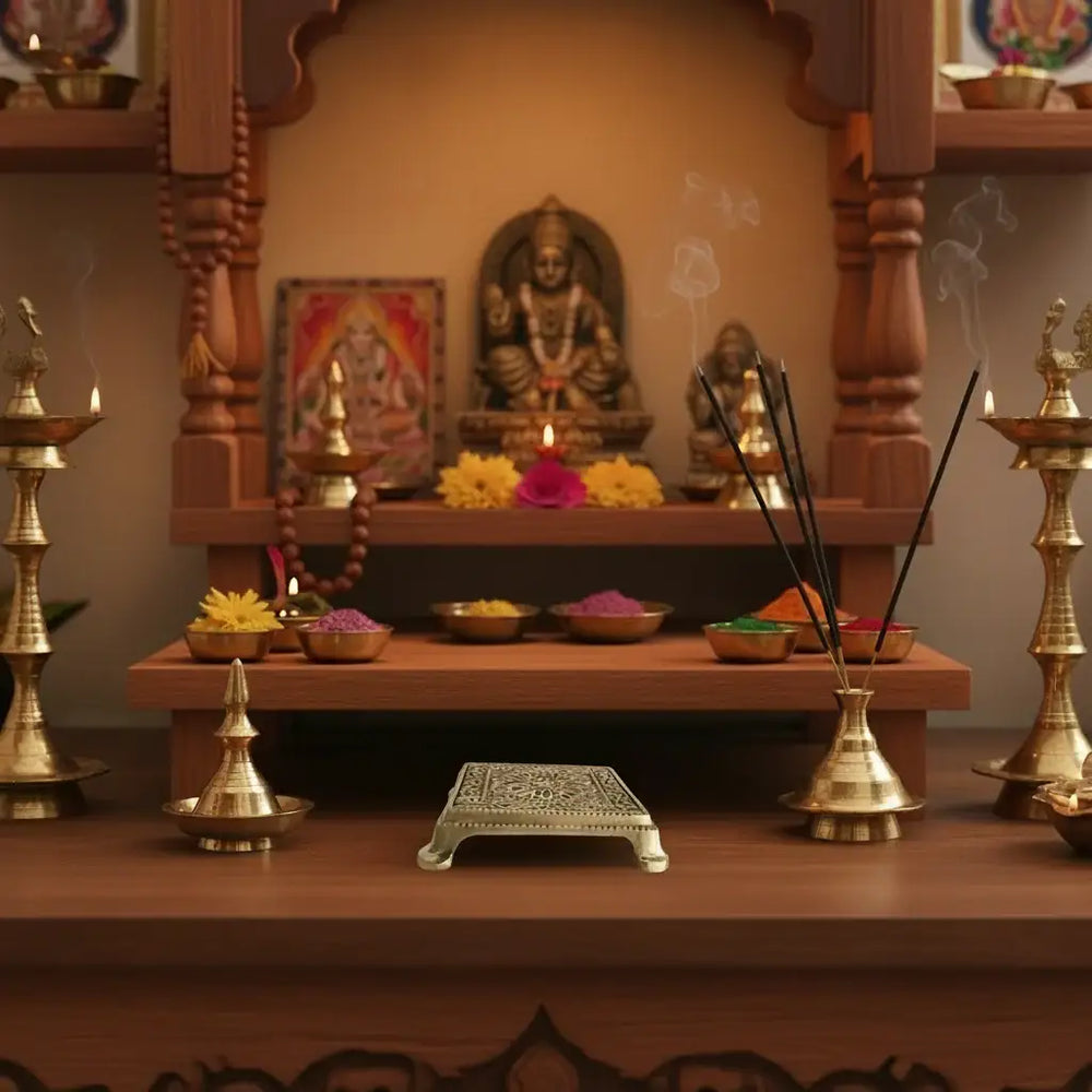 Square Brass Puja Pedestal with Filigree Design Brass Ware