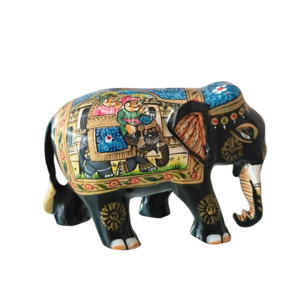 Black Painted Wooden Mughal Elephants – Elegant Decorative Figurines maruthi handicrafts