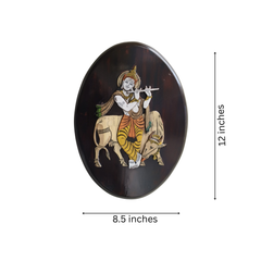 Divine Krishna with Cow in Rosewood Oval Inlay Frame